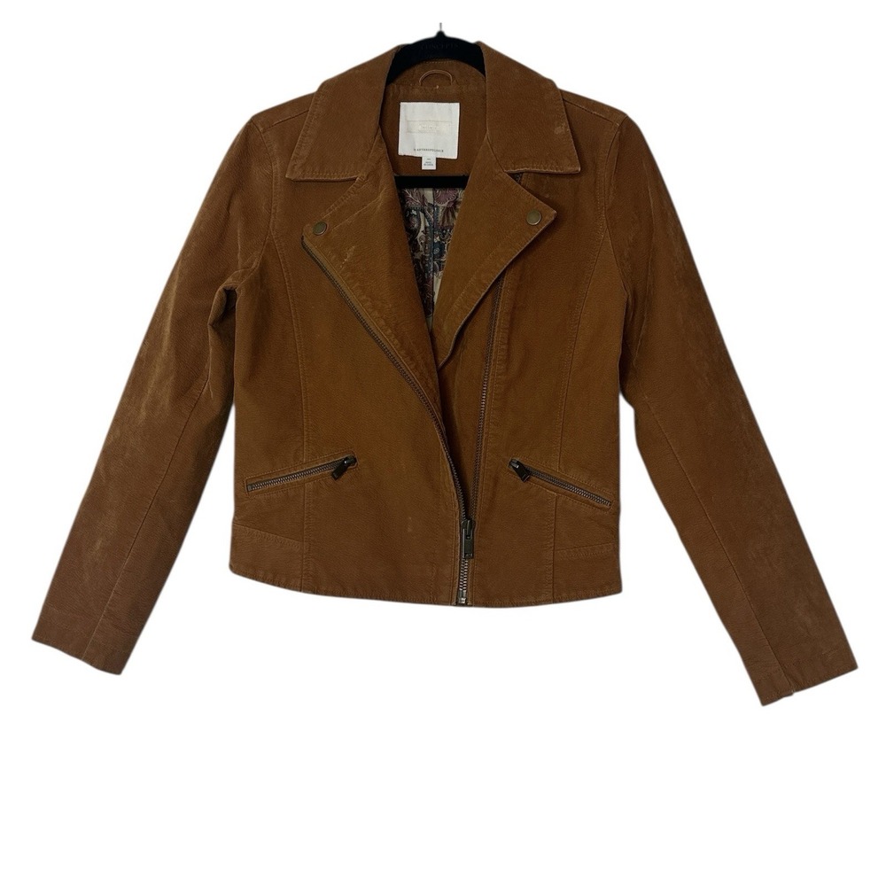 Anthropologie Ettitwa Brown Suede Zip-Up Moto Jacket Women XS Outdoor Pockets